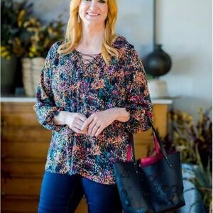 The Pioneer Woman Lace Up Neck Women's Floral Multicolor Women's Top Large